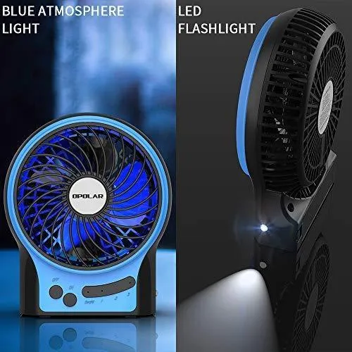 OPOLAR Mini Portable Battery Operated Travel Fan with 3-13 Battery Life, Rechargeable & USB powered Handheld Fan for Desk Beach Camping, 3 Speeds, Strong Airflow, Internal Blue Light& Side Flash Light