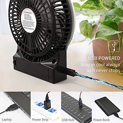 OPOLAR Mini Portable Battery Operated Travel Fan with 3-13 Battery Life, Rechargeable & USB powered Handheld Fan for Desk Beach Camping, 3 Speeds, Strong Airflow, Internal Blue Light& Side Flash Light