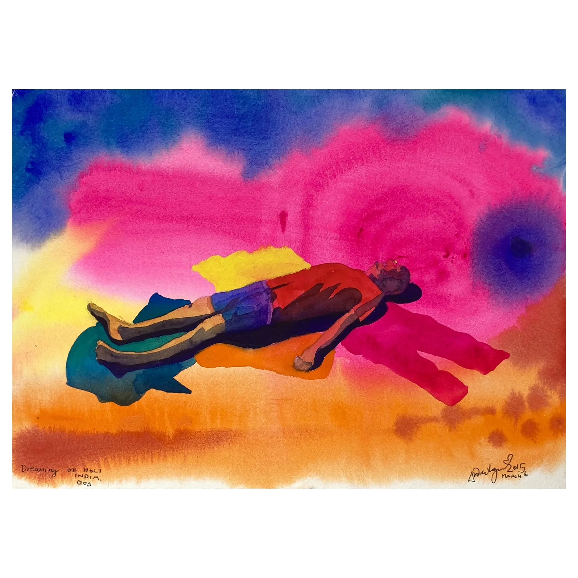 ORIGINAL LANDSCAPE WATERCOLOUR 'DREAMING OF HOLI' GOA INDIA  - ANDREW LOGAN 2015