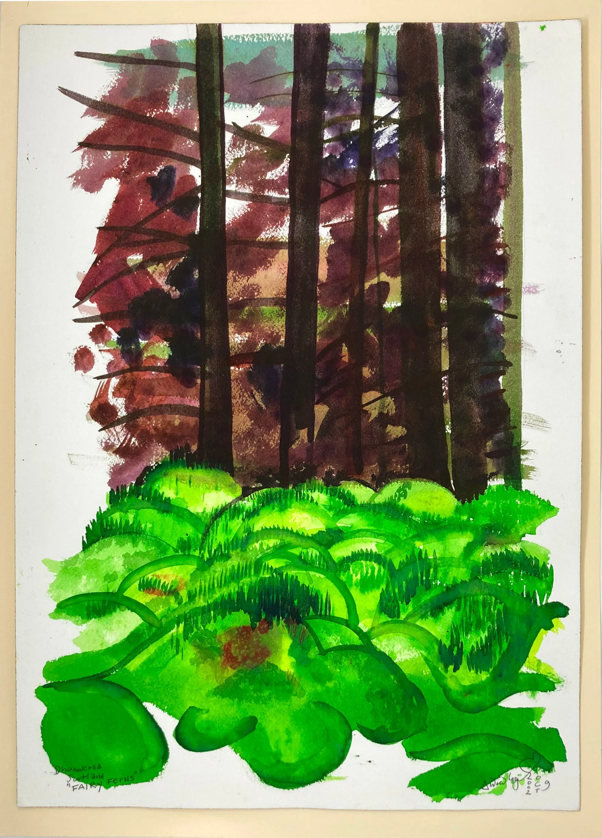 ORIGINAL WATERCOLOUR OF DHANAKOSA IN SCOTLAND 'FAIRY FERNS' - ANDREW LOGAN 2002