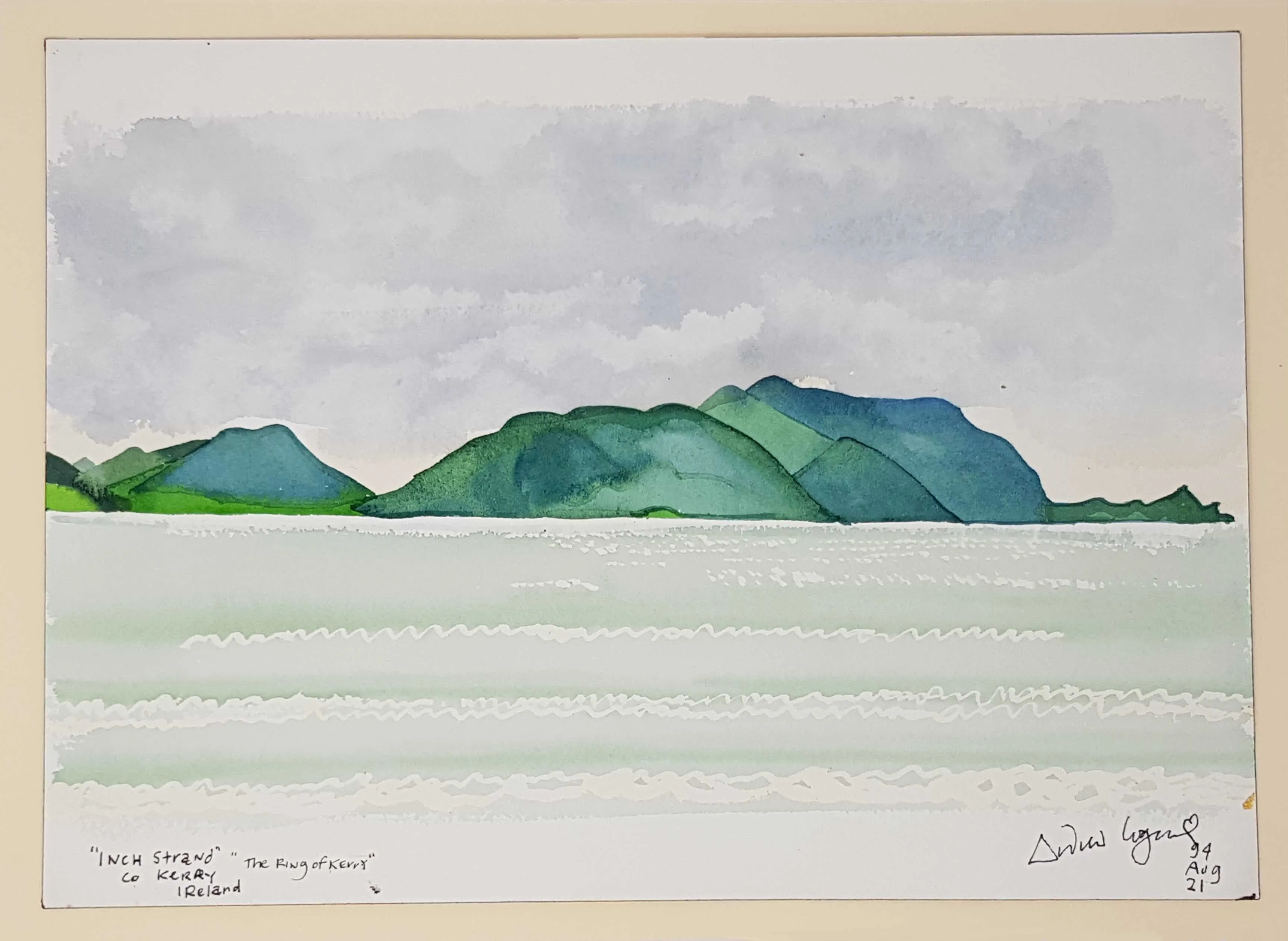 ORIGINAL WATERCOLOUR OF INCH STRAND, KERRY, IRELAND - ANDREW LOGAN 1994