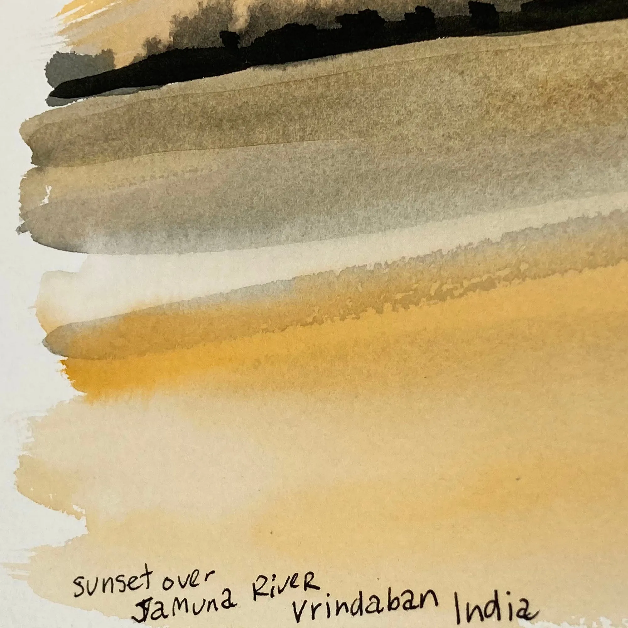 ORIGINAL WATERCOLOUR OF THE SUNSET OVER JAMUNA RIVER IN VRINDAVAN, INDIA - ANDREW LOGAN 1994