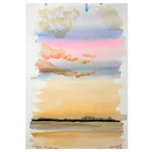 ORIGINAL WATERCOLOUR OF THE SUNSET OVER JAMUNA RIVER IN VRINDAVAN, INDIA - ANDREW LOGAN 1994