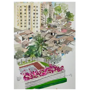 ORIGINAL WATERCOLOUR 'OVER THE GARDEN WALL' IN INDIA - ANDREW LOGAN 2006