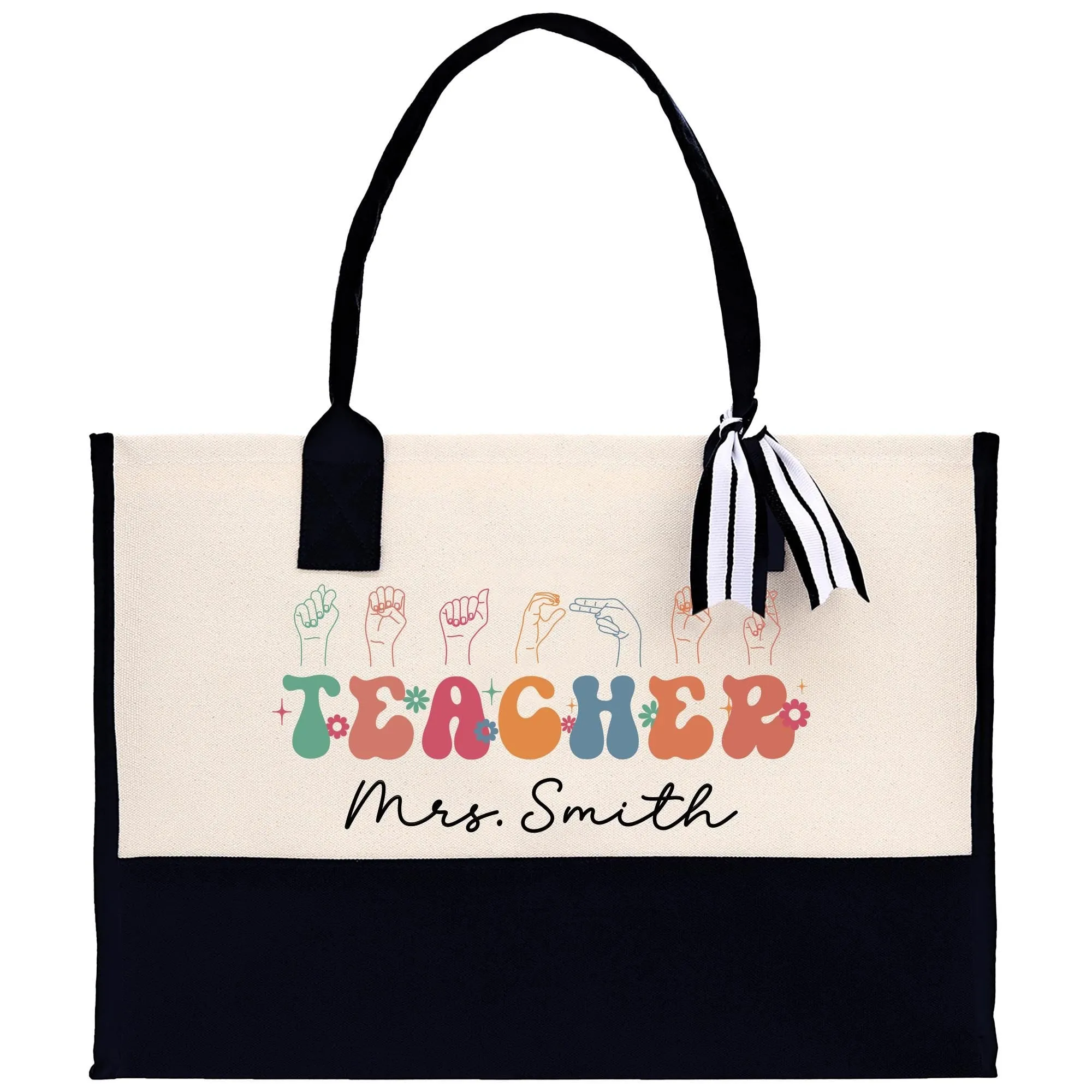 Personalized ASL Teacher Cotton Canvas Tote Bag Sign Language Custom SLP Gift Name Sign Language Gift for Deaf ASL Wildflower Bag (SLT1003)