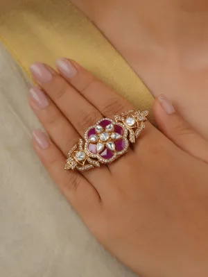 Pink Color Gold Plated Faux Polki Ring - PK-R11P