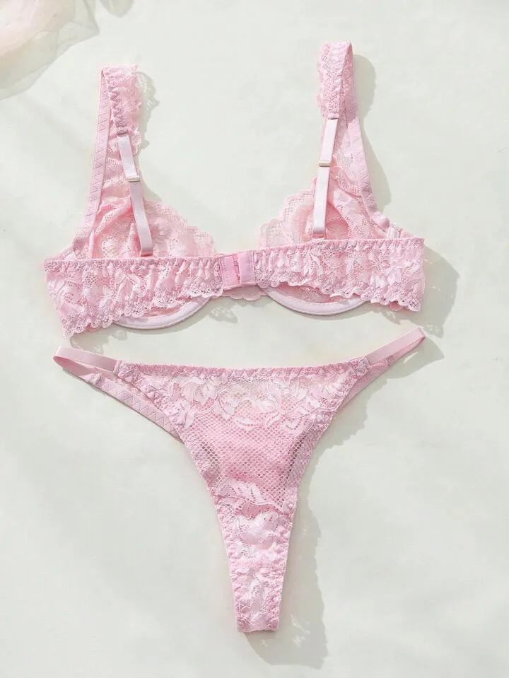 Pink Lingerie Set See Through Mesh