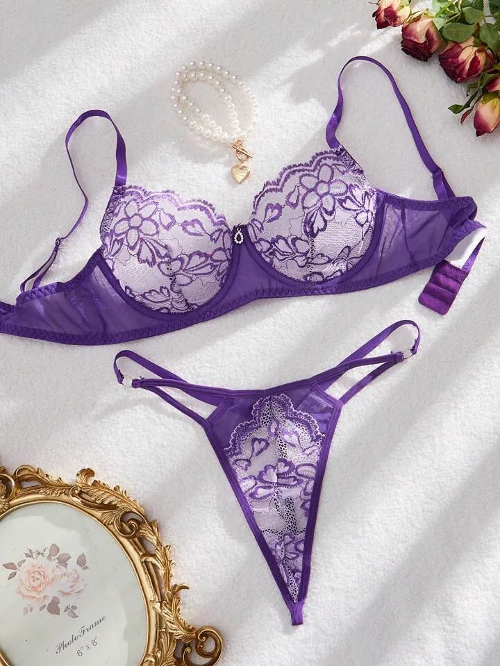 Purple Sheer Lace Lingerie Set