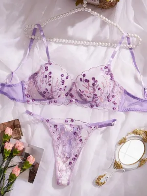 Purple Women’s Lingerie Set Sheer Floral Embroidery