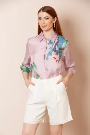 Quinn Silk Twill Artistic Print Button Down Shirt in Lilac