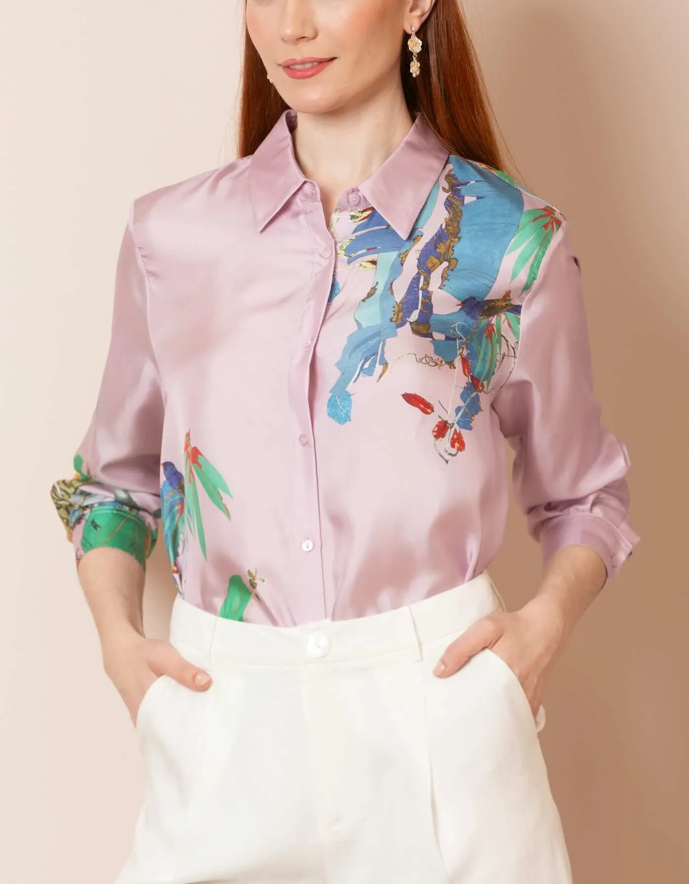 Quinn Silk Twill Artistic Print Button Down Shirt in Lilac