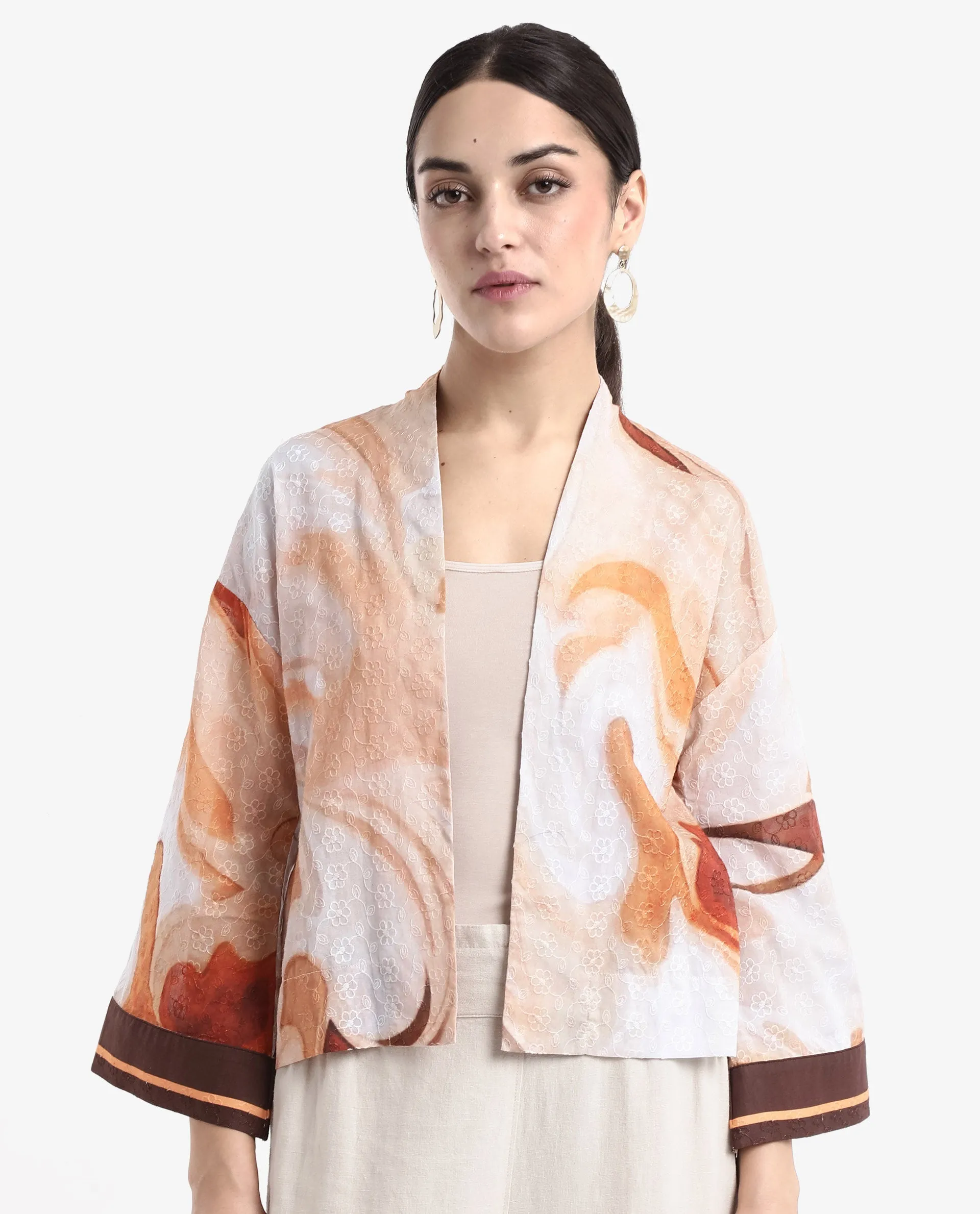 Rareism Women Modena Light Brown Bell Sleeves Shawl Neck Cropped Abstract Print Top