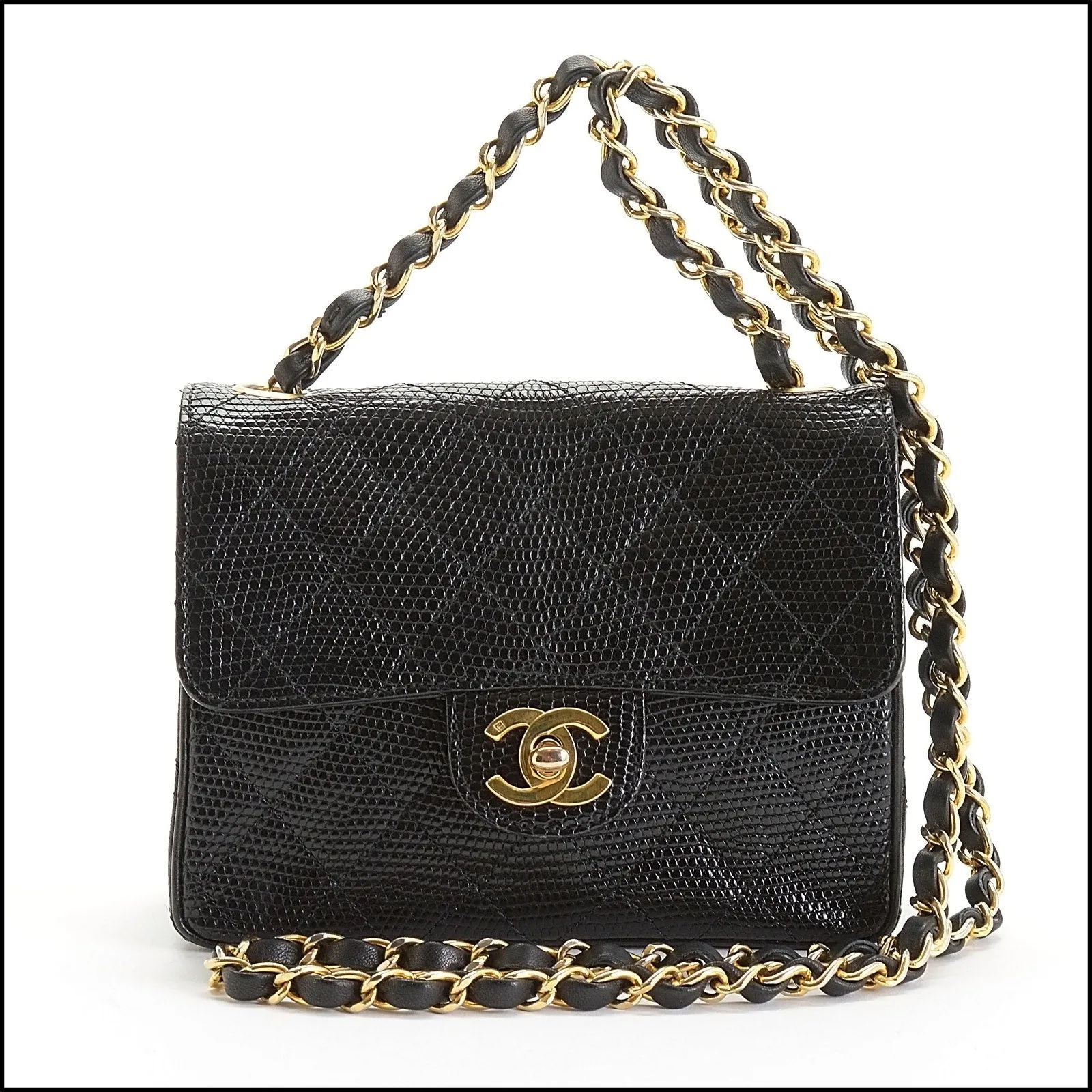 RDC14115 Authentic CHANEL Vintage 86-88 Black Lizard Skin Mini Classic Flap Bag