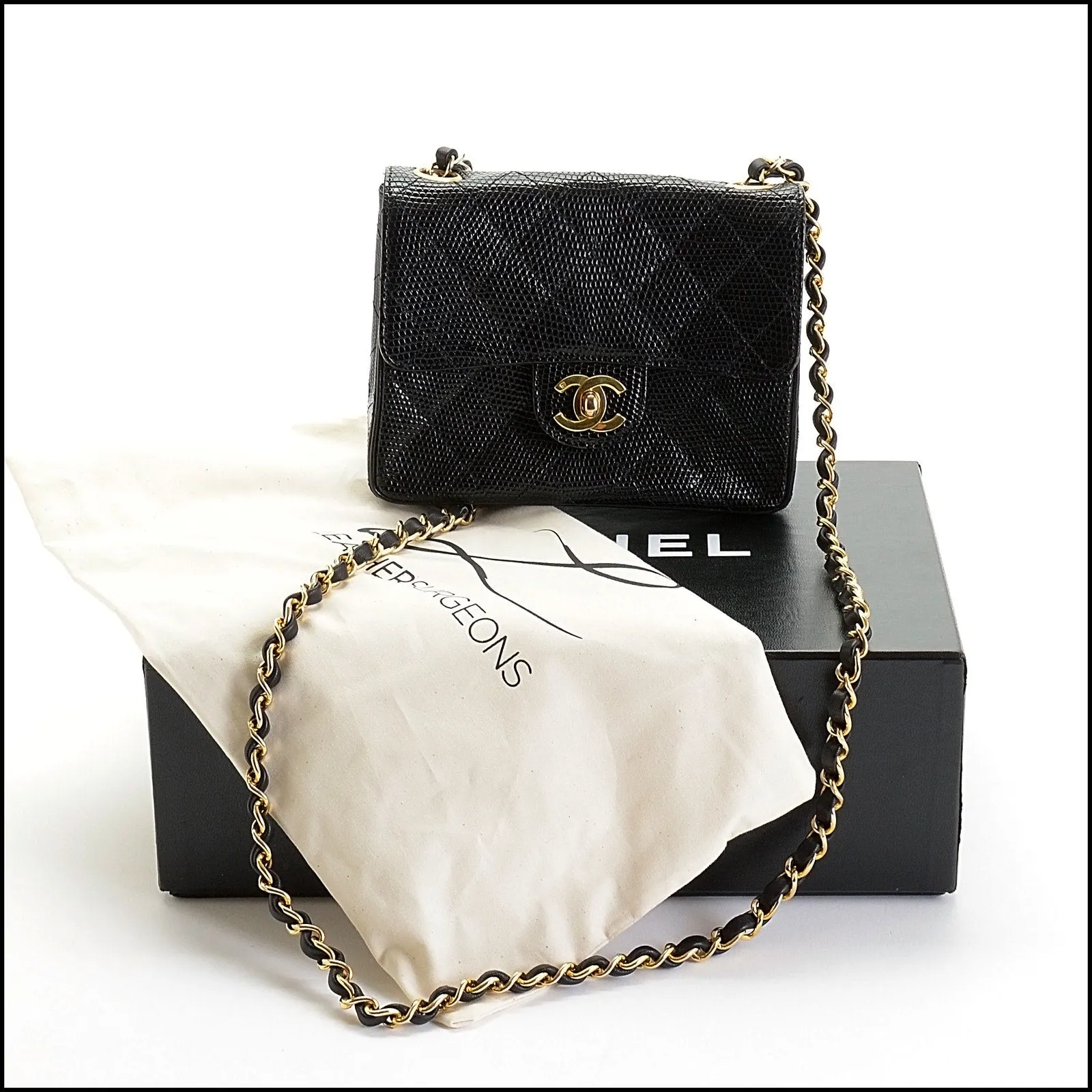 RDC14115 Authentic CHANEL Vintage 86-88 Black Lizard Skin Mini Classic Flap Bag