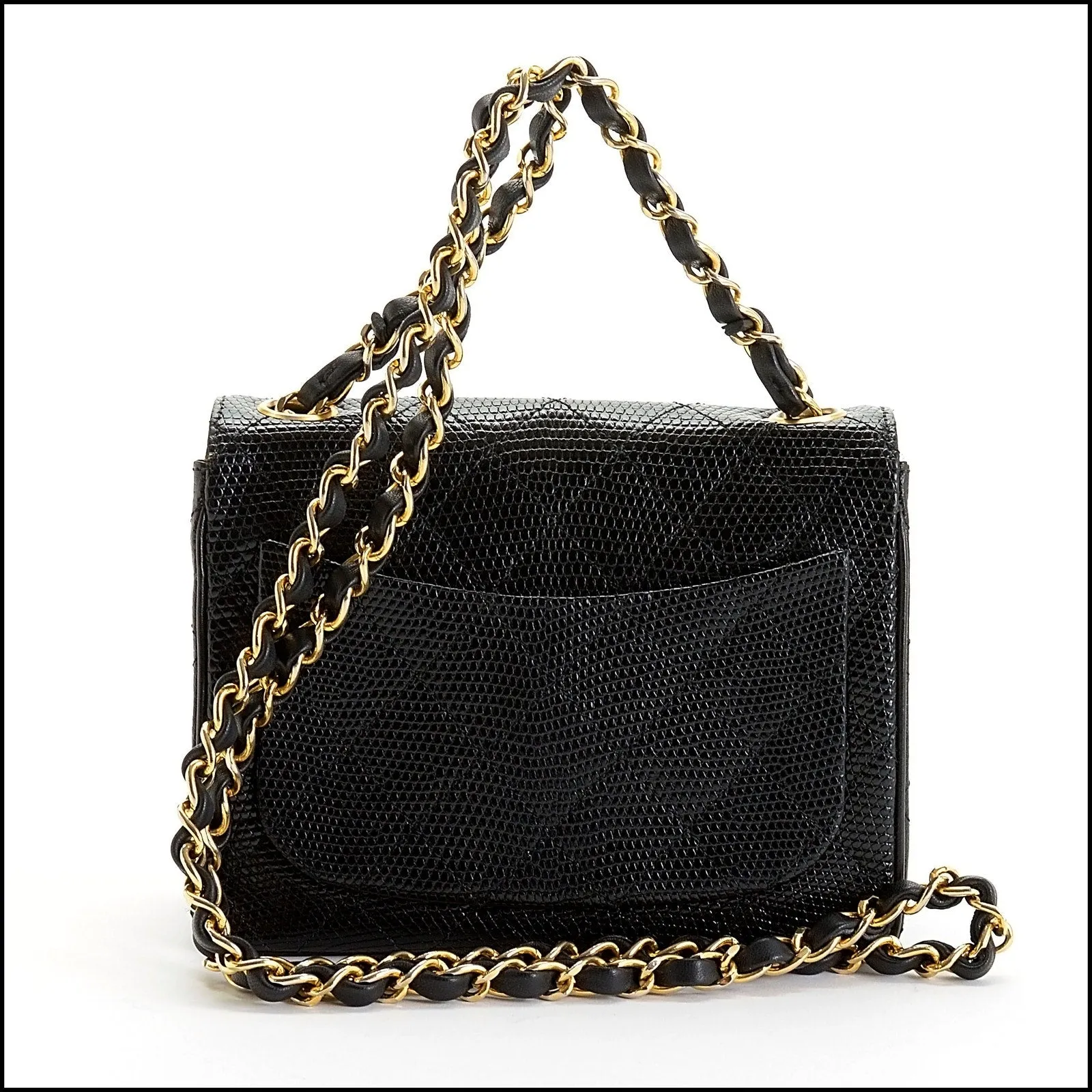 RDC14115 Authentic CHANEL Vintage 86-88 Black Lizard Skin Mini Classic Flap Bag