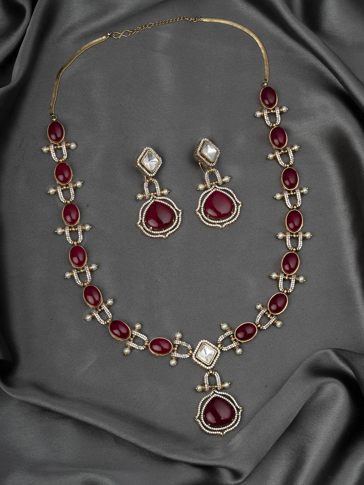 Red Color Gold Plated Faux Polki Necklace Set - PK-S107R