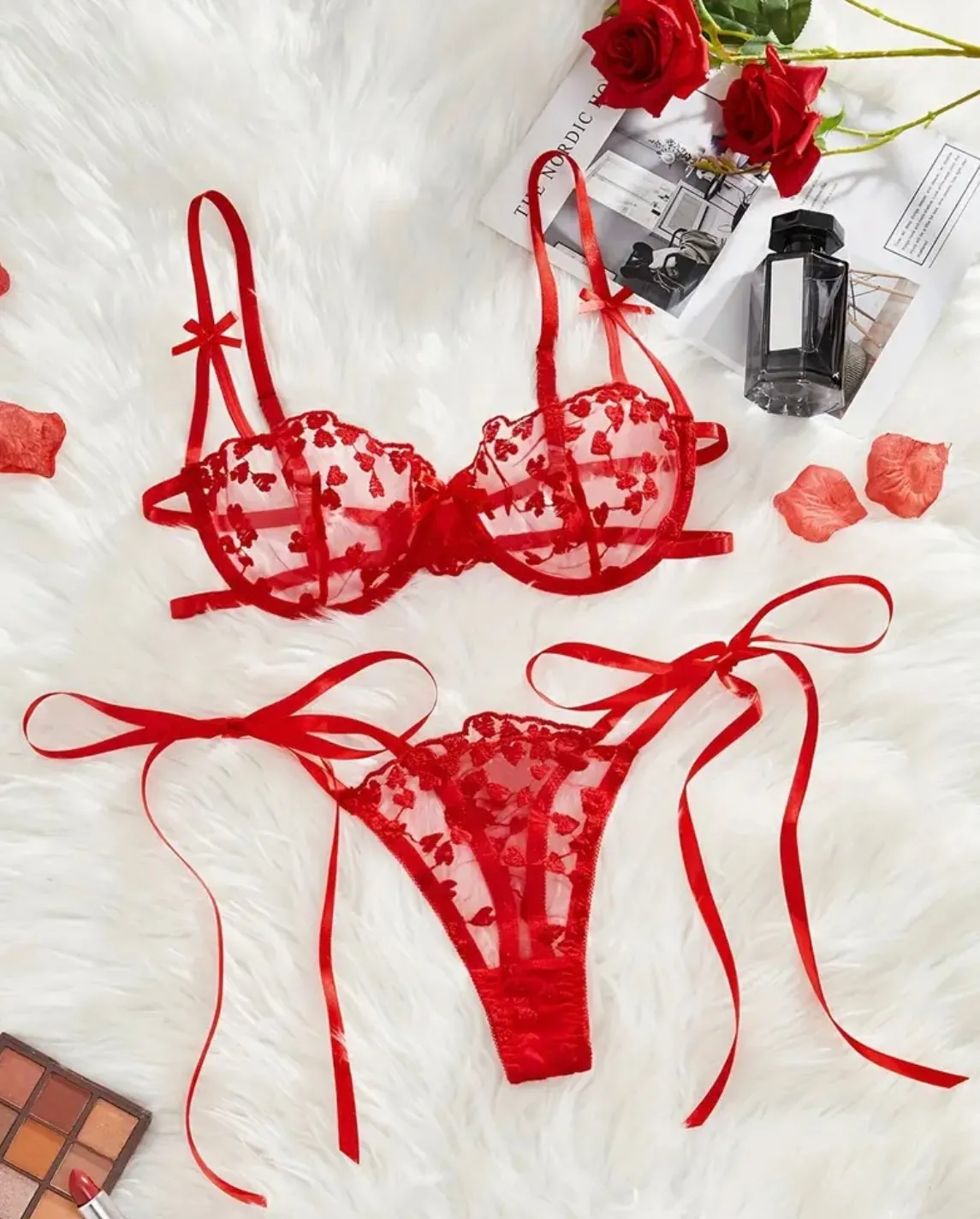 Red Lingerie Heart Bow Strap Set