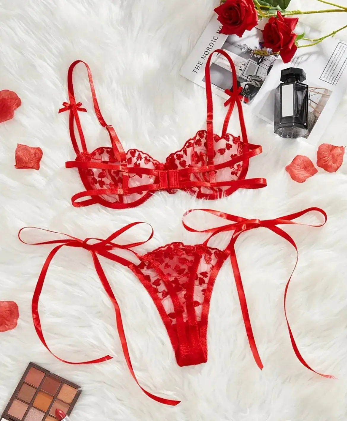 Red Lingerie Heart Bow Strap Set