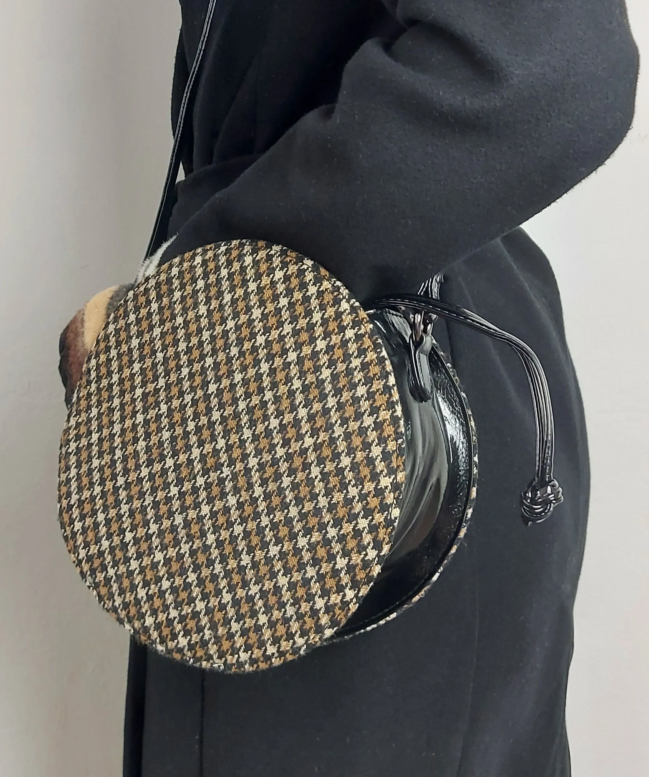 Retro styled Brown Tweed patterned Round Crossbody bag