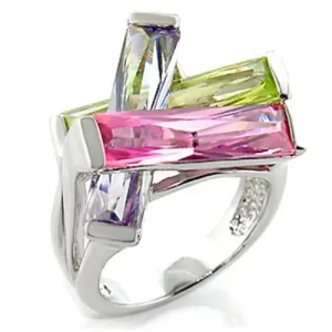 Rhodium Brass Ring with AAA Grade CZ in Multi Color for Women Style 6X004