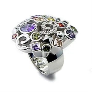 Rhodium Brass Ring with AAA Grade CZ in Multi Color for Women Style 6X051