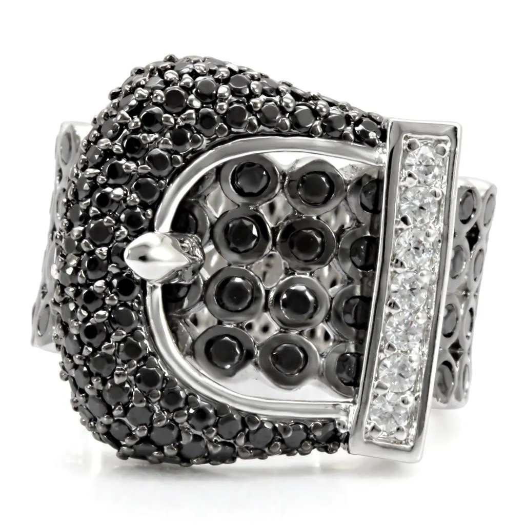 Rhodium   Ruthenium Brass Ring with AAA Grade CZ in Black Diamond for Women Style 1W048