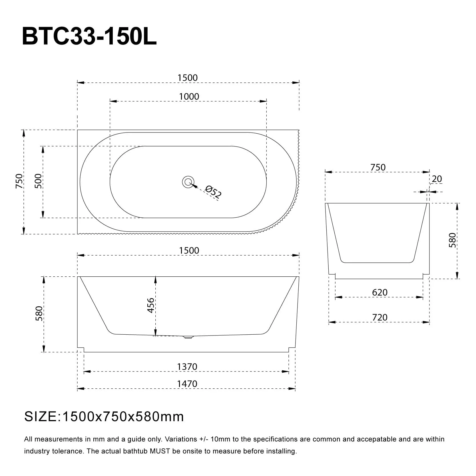 RORY 1500mm V-Groove Fluted Left Corner Free Standing Bathtub Gloss White