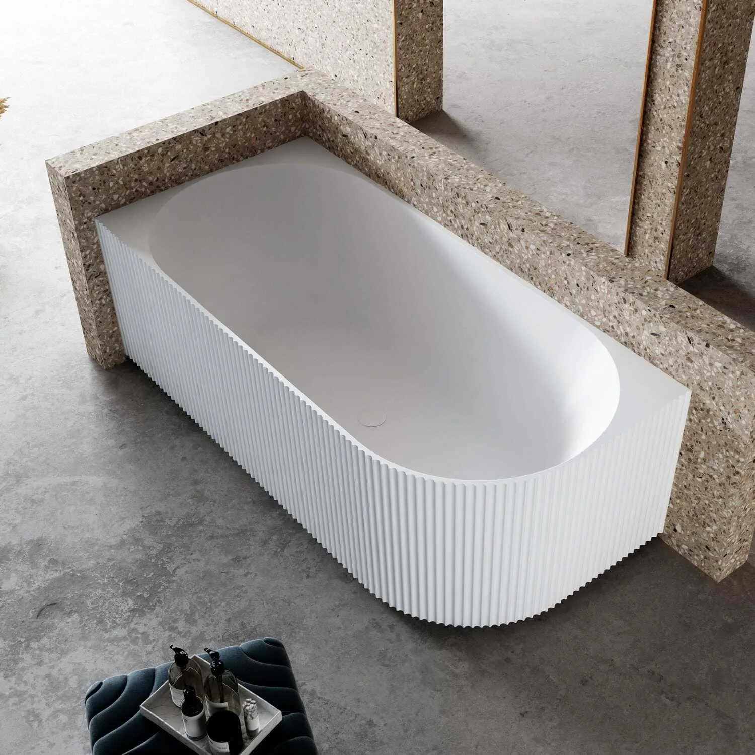 RORY 1500mm V-Groove Fluted Left Corner Free Standing Bathtub Gloss White