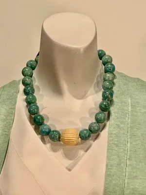 Semi Precious Amazonite and Carved Bone One of a Kind Necklace Made in California.