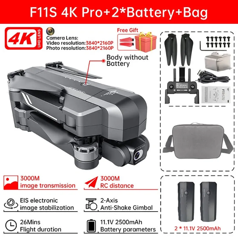 SJRC F11S/F11 4K PRO RC Drone GPS 5G WIFI 3KM Repeater 4K HD Camera 2-Axis Electronic Stabilization Gimbal Brushless Foldable Quadcopter