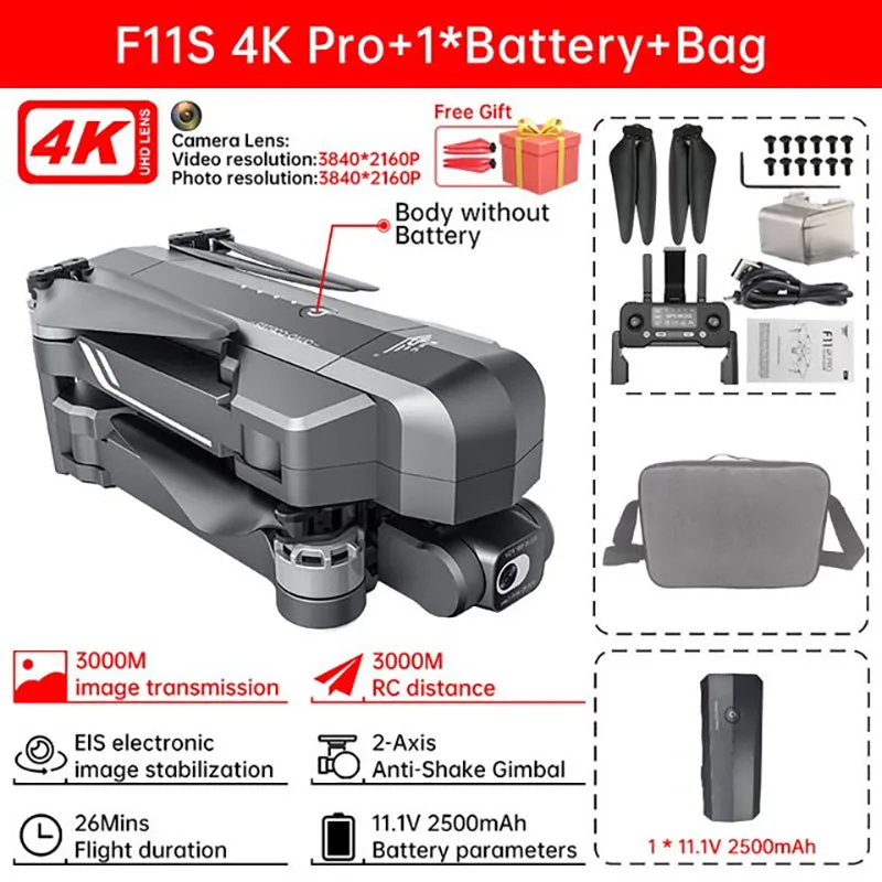 SJRC F11S/F11 4K PRO RC Drone GPS 5G WIFI 3KM Repeater 4K HD Camera 2-Axis Electronic Stabilization Gimbal Brushless Foldable Quadcopter