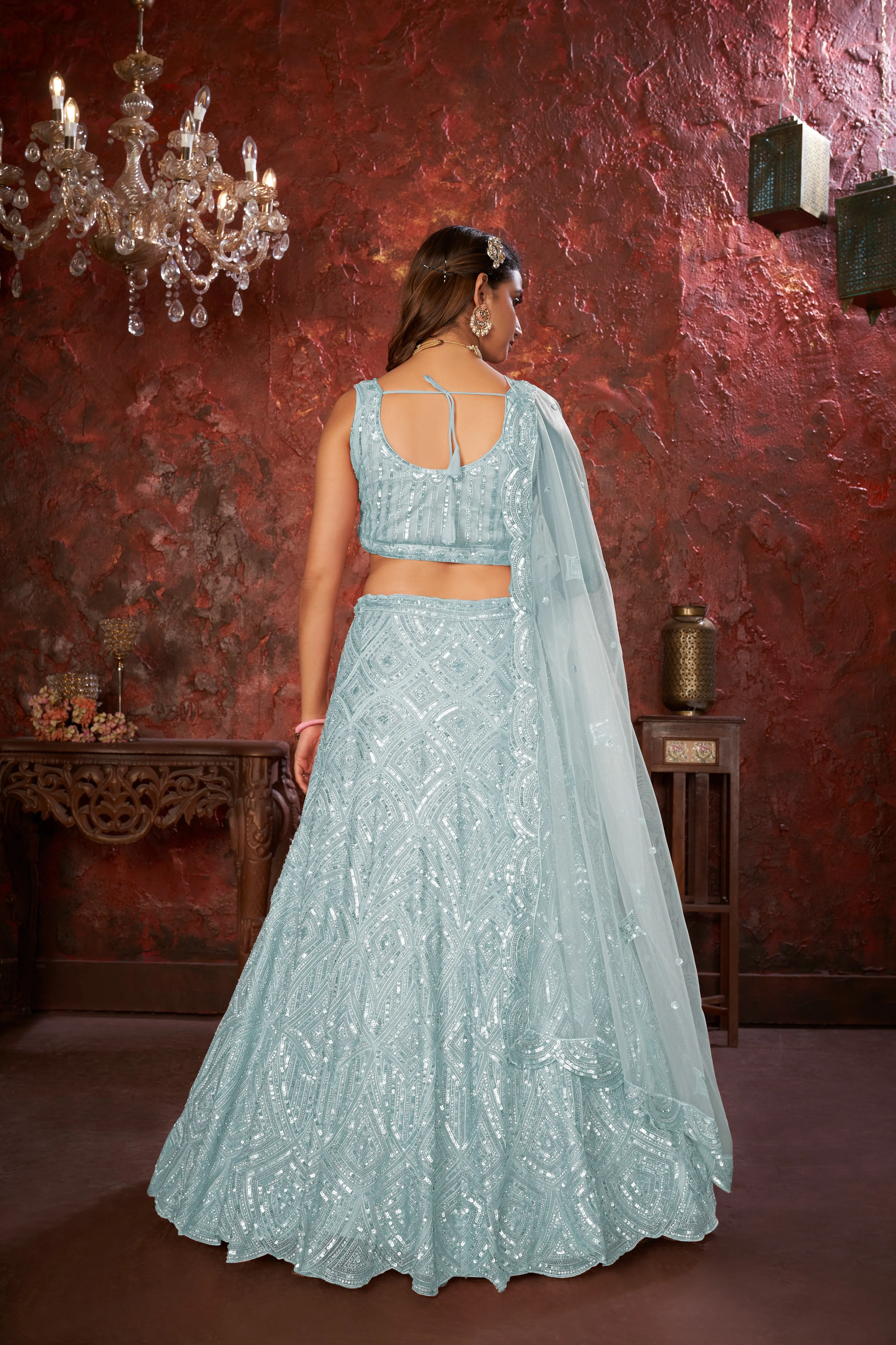 Sky Blue Sequin Embroidered Lehenga Choli Set - Regal Elegance - Designer Wear