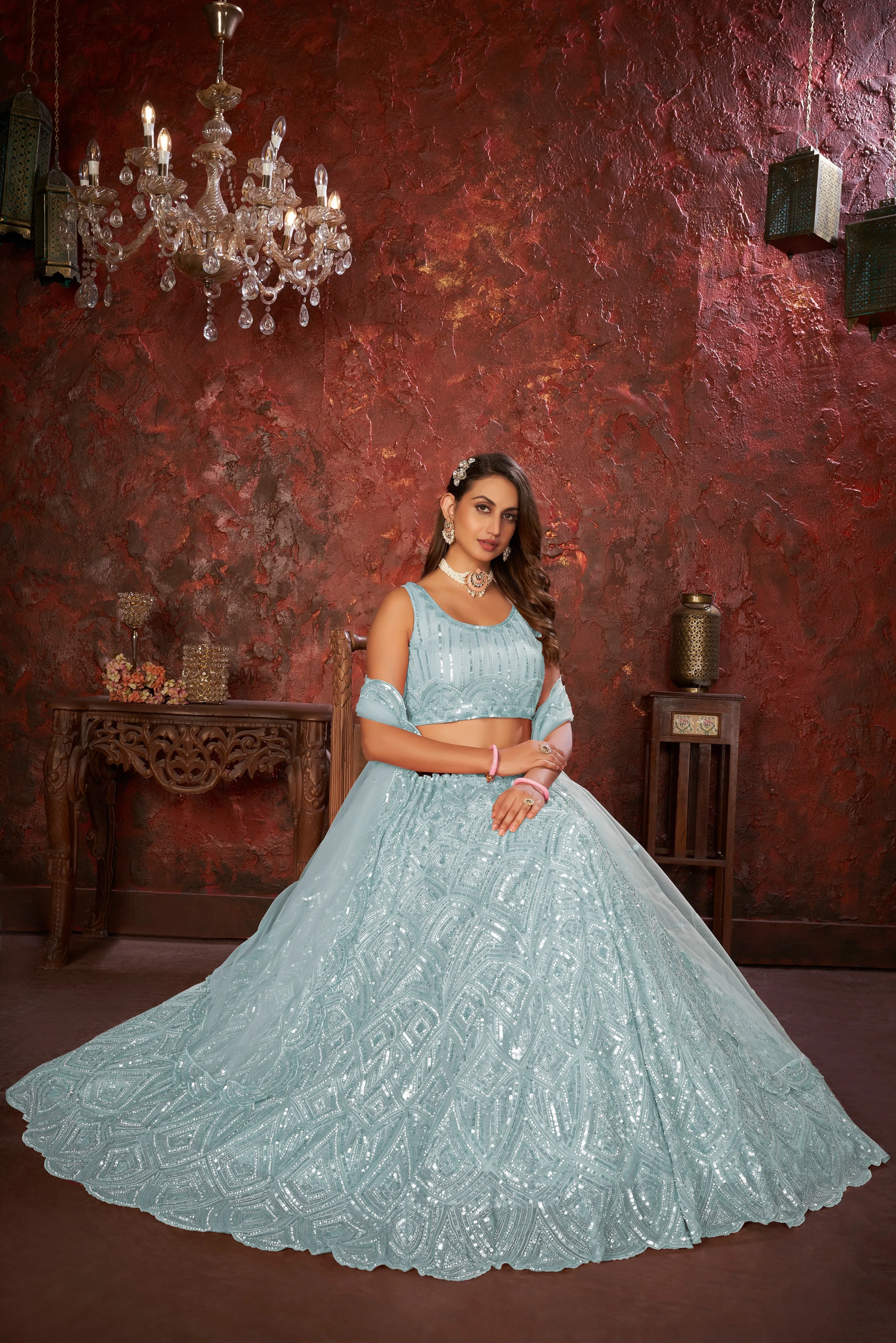 Sky Blue Sequin Embroidered Lehenga Choli Set - Regal Elegance - Designer Wear