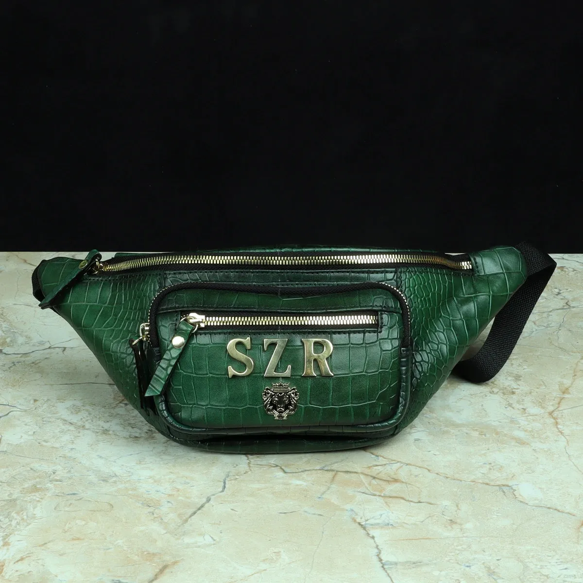 Smokey Waist Bag In Croco Textured Green Leather