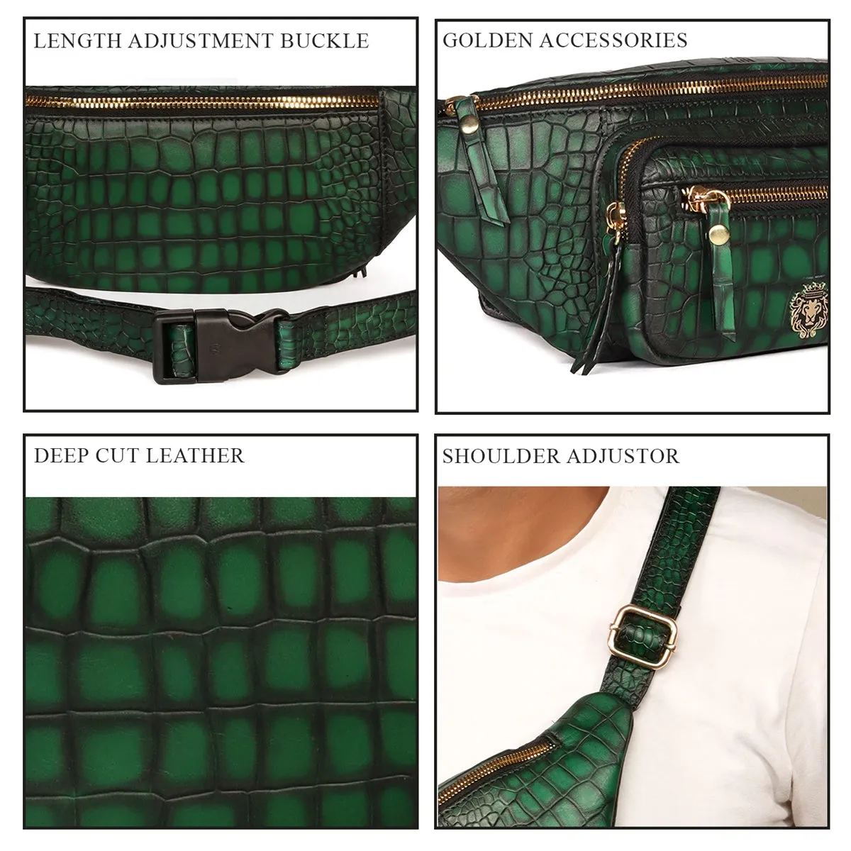 Smokey Waist Bag In Croco Textured Green Leather