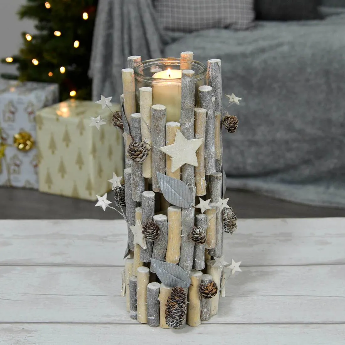 Tall Wooden Candle Holder Christmas Silver Twigs Stars Cones