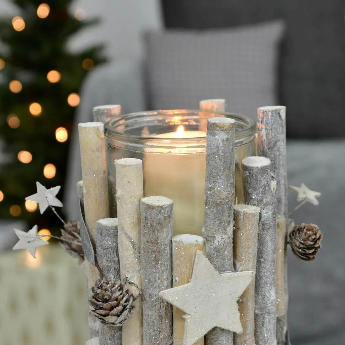 Tall Wooden Candle Holder Christmas Silver Twigs Stars Cones