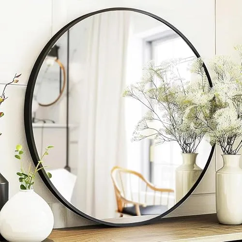 The Artment Your Artistic Apartment Orbit High Definition Round Shape Wall Mirror With Black Metal Frame For Living Room || Bedroom || Bathroom, Home & Decor with Hanging Stripes (Black Frame,16 Inch)