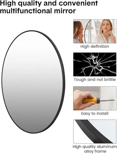 The Artment Your Artistic Apartment Orbit High Definition Round Shape Wall Mirror With Black Metal Frame For Living Room || Bedroom || Bathroom, Home & Decor with Hanging Stripes (Black Frame,16 Inch)