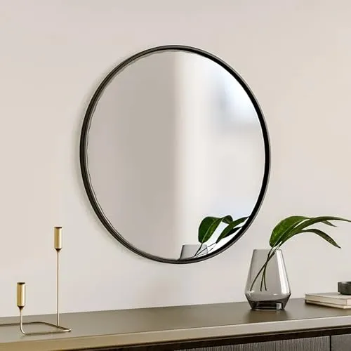 The Artment Your Artistic Apartment Orbit High Definition Round Shape Wall Mirror With Black Metal Frame For Living Room || Bedroom || Bathroom, Home & Decor with Hanging Stripes (Black Frame,16 Inch)