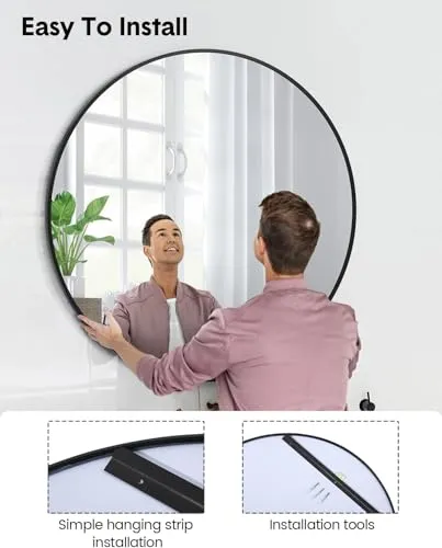 The Artment Your Artistic Apartment Orbit High Definition Round Shape Wall Mirror With Black Metal Frame For Living Room || Bedroom || Bathroom, Home & Decor with Hanging Stripes (Black Frame,20 Inch)