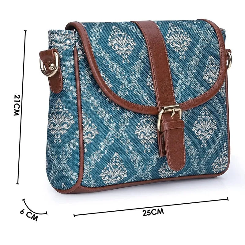 THE CLOWNFISH Madeline Printed Handicraft Fabric Handbag for Women Crossbody Sling Bag Office Bag Ladies Shoulder Bag with Snap Flap Closure & Shoulder Belt For Women College Girls (Blue)