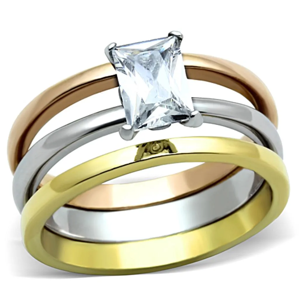 Three Tone IP Gold & IP Rose Gold & High Polished) Stainless Steel Ring with AAA Grade CZ in Clear for Women Style TK1279