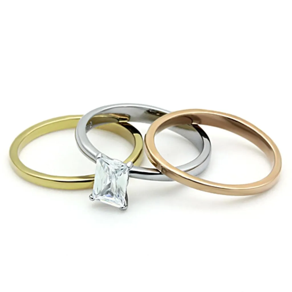 Three Tone IP Gold & IP Rose Gold & High Polished) Stainless Steel Ring with AAA Grade CZ in Clear for Women Style TK1279