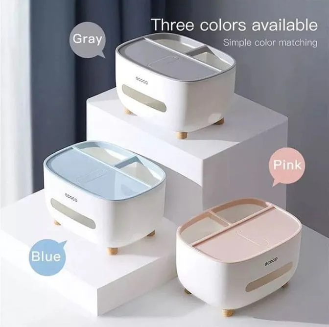 Tissue Box Holder With Wooden Cover, Multifunction Tissue Box ABS Material Storage Organizer, Desktop Tissue Box With Hidden Mobile Phone Holder, Remote Holder And Tissue Box Cover