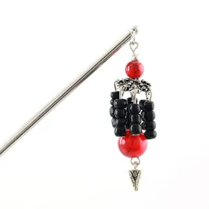 Tribal Style Hair Stick w/ Red & Black Beads Tassels