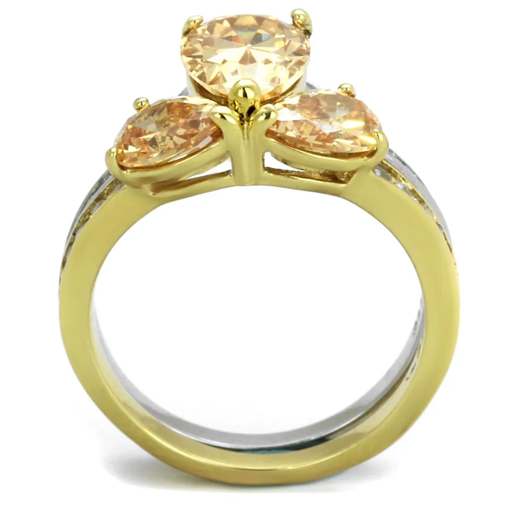 Two-Tone IP Gold (Ion Plating) Stainless Steel Ring with AAA Grade CZ in Champagne for Women Style TK2132