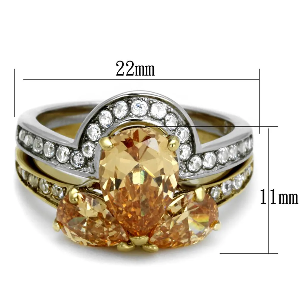 Two-Tone IP Gold (Ion Plating) Stainless Steel Ring with AAA Grade CZ in Champagne for Women Style TK2132