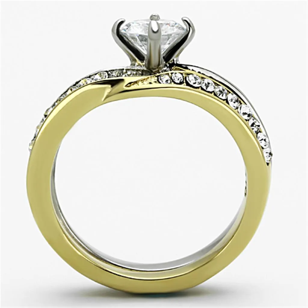 Two-Tone IP Gold (Ion Plating) Stainless Steel Ring with AAA Grade CZ in Clear for Women Style TK1280