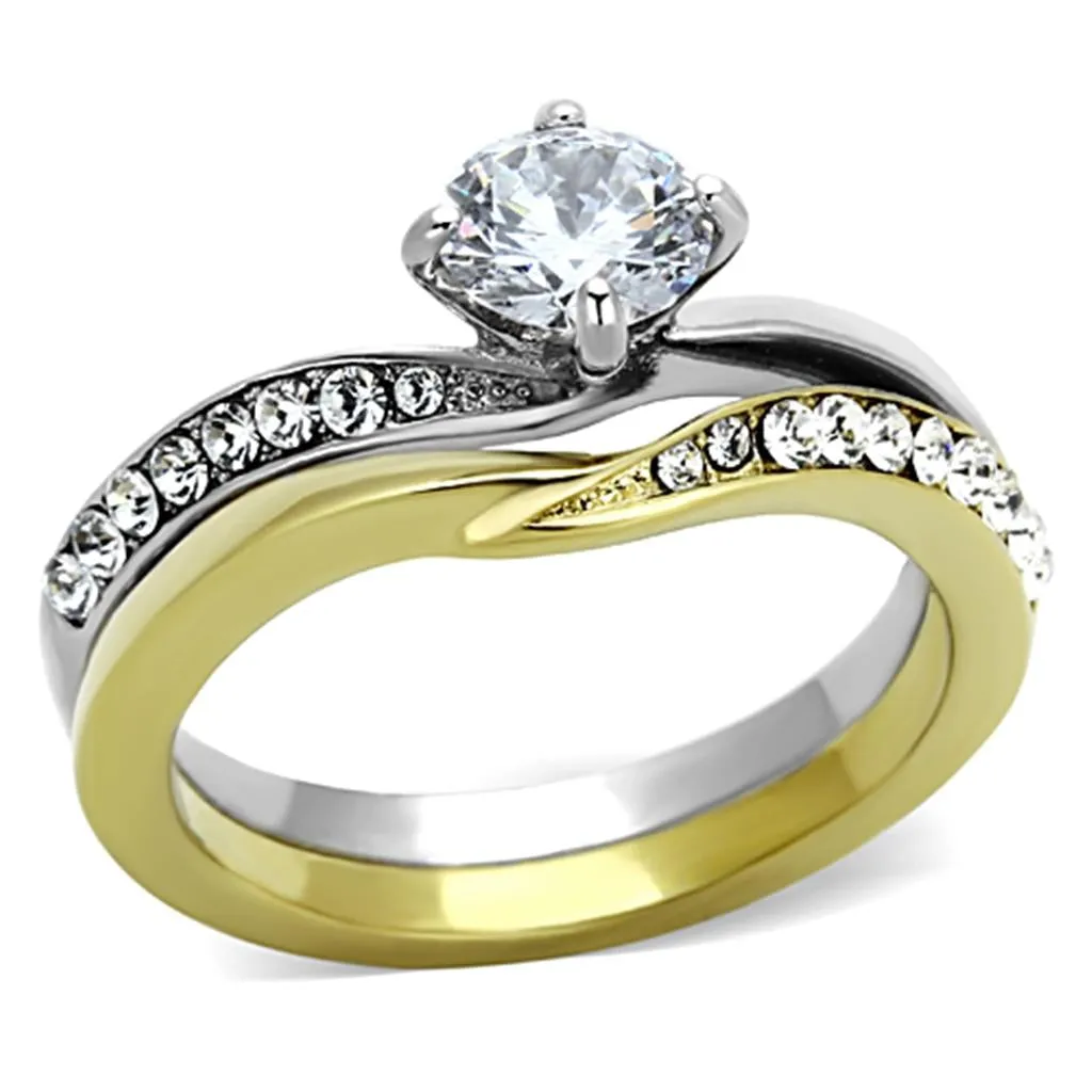 Two-Tone IP Gold (Ion Plating) Stainless Steel Ring with AAA Grade CZ in Clear for Women Style TK1280